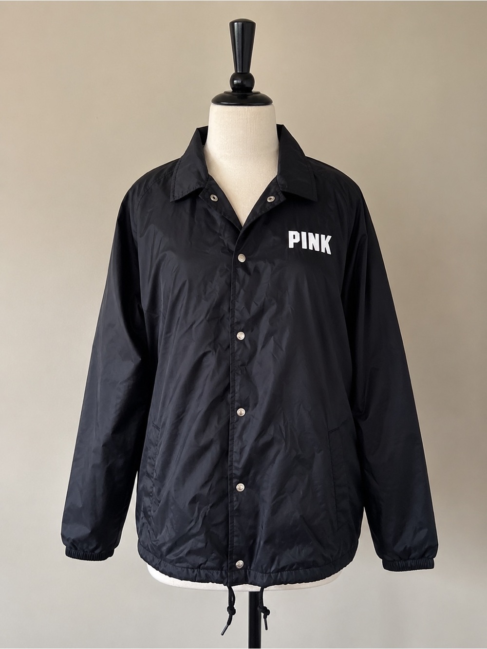 PINK Victoria’s Secret Black Coach Jacket Windbreaker Snap Front Women’s L